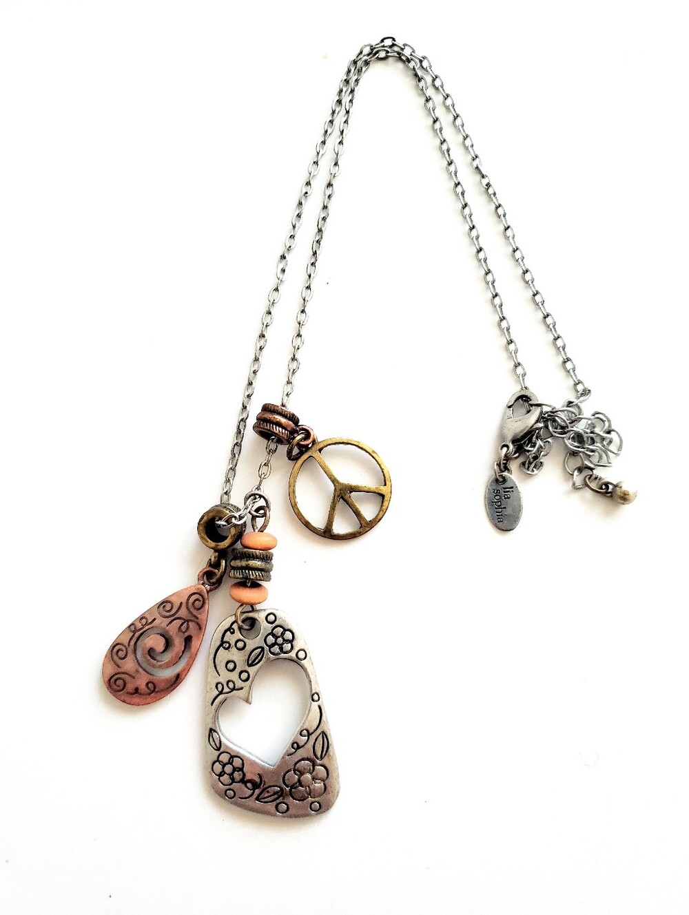 Lia Shopia Heart & Peace Charm Pendant Necklace - Silver and Copper Tones